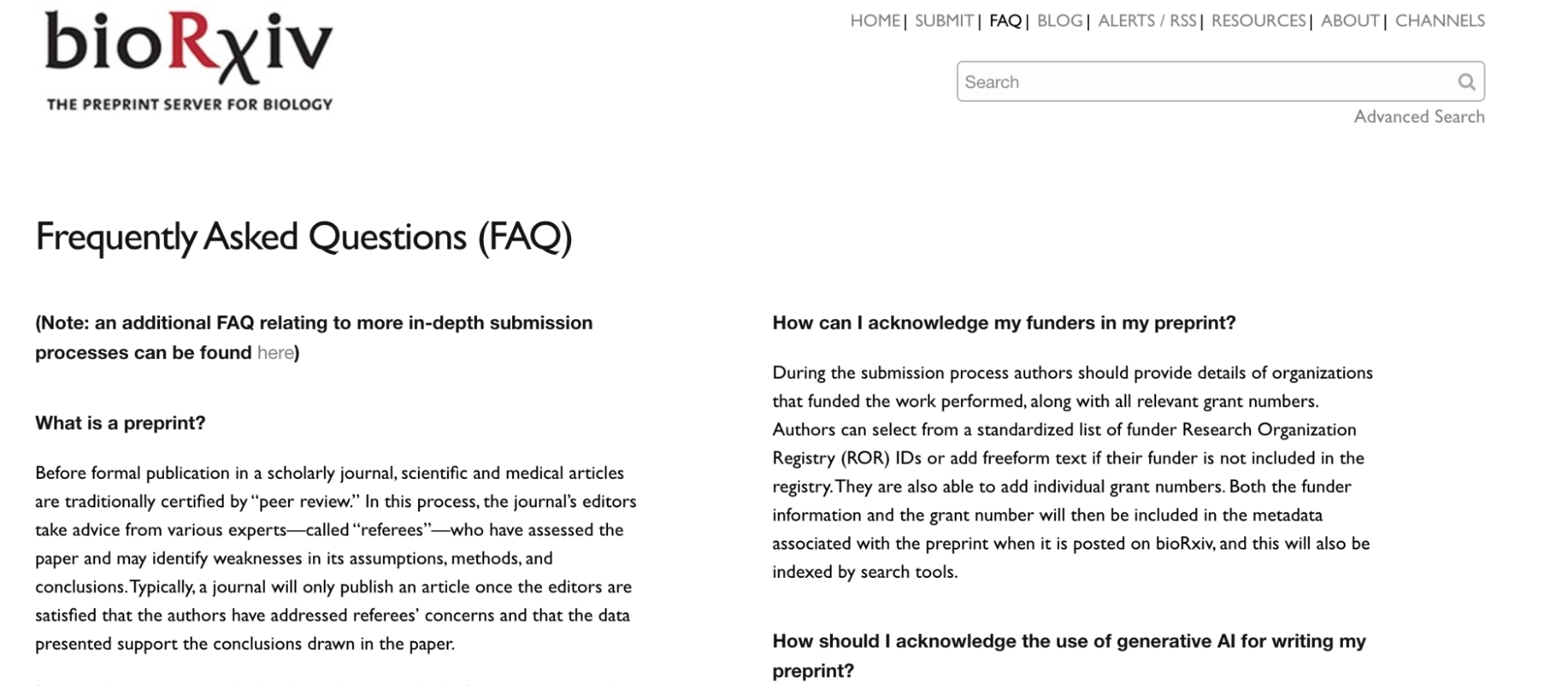 bioRxiv 자주 묻는 질문(FAQ) 섹션
