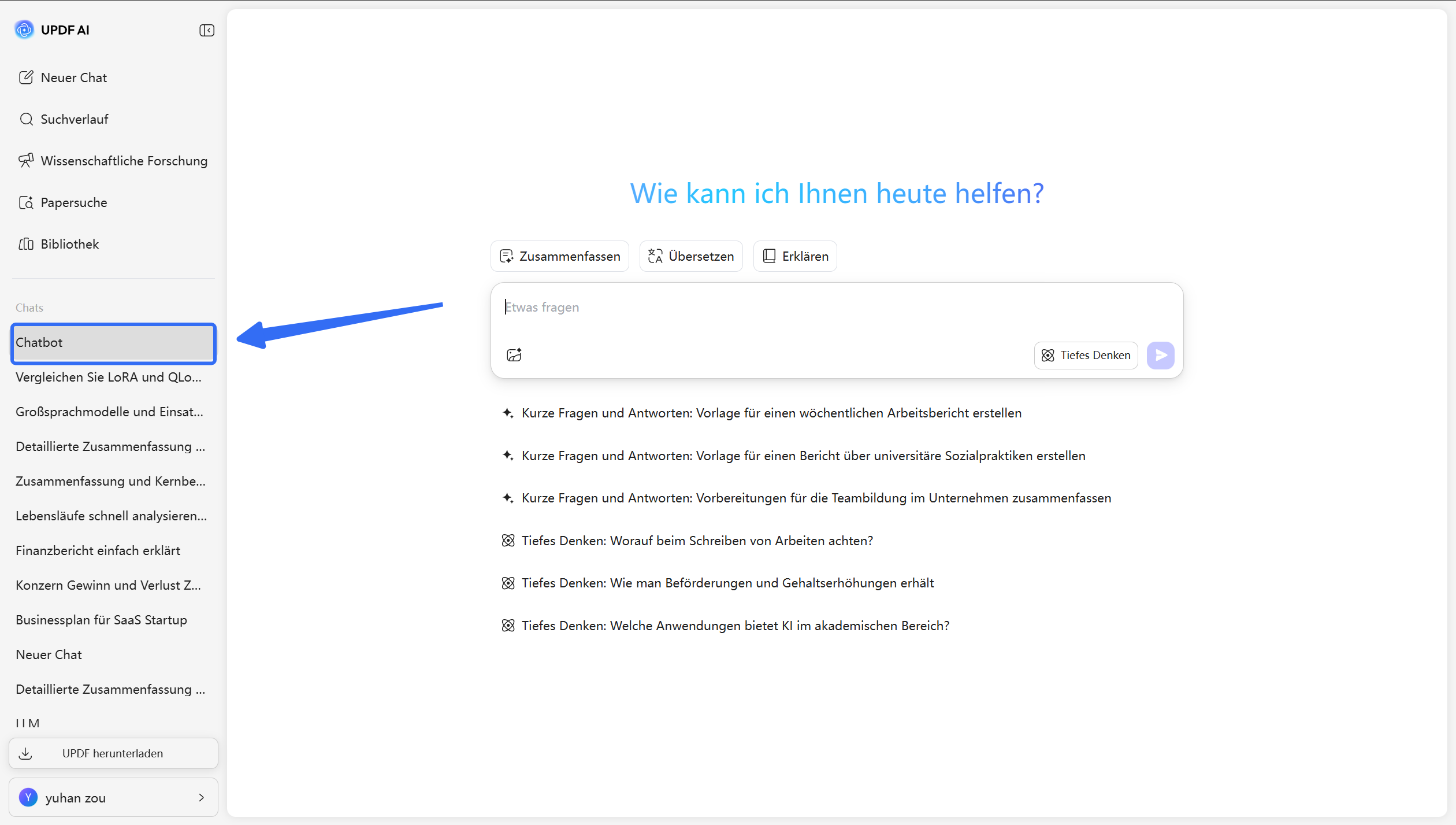 Zugriff auf Chatbot-Funktion updf