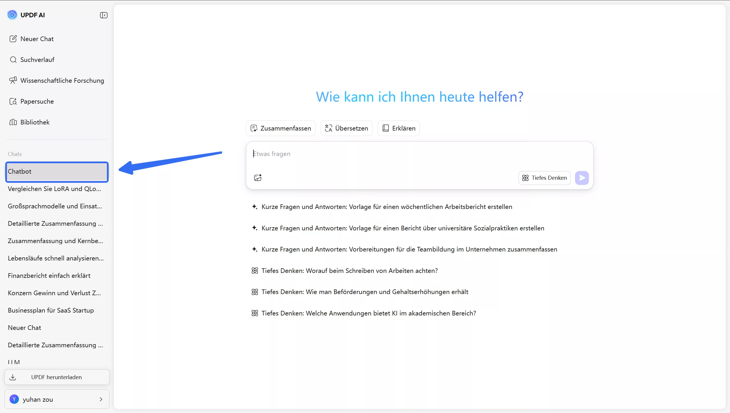 Zugriff auf Chatbot-Funktion updf