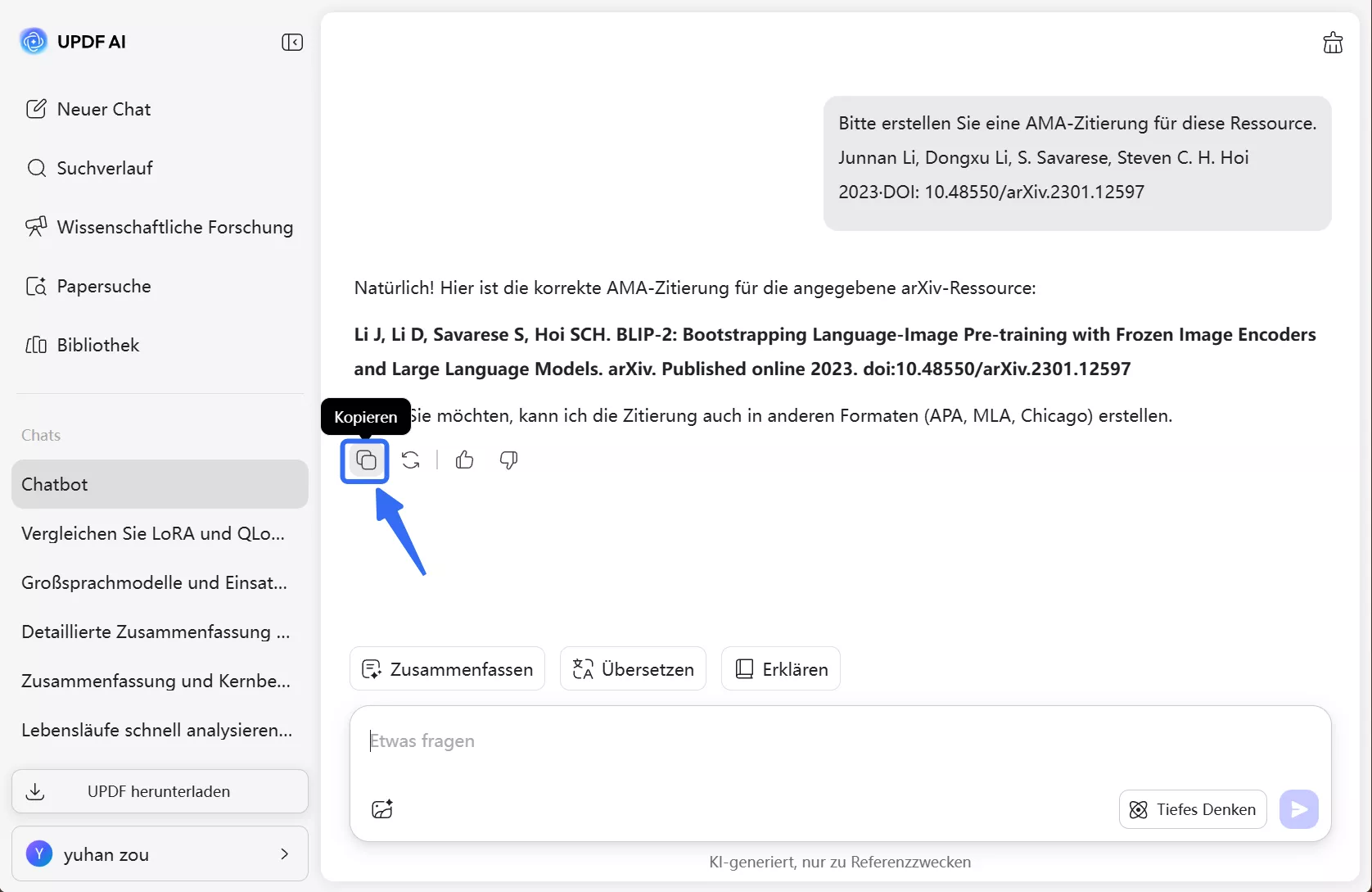 Kopieren Sie das generierte Zitat zur Verwendung.