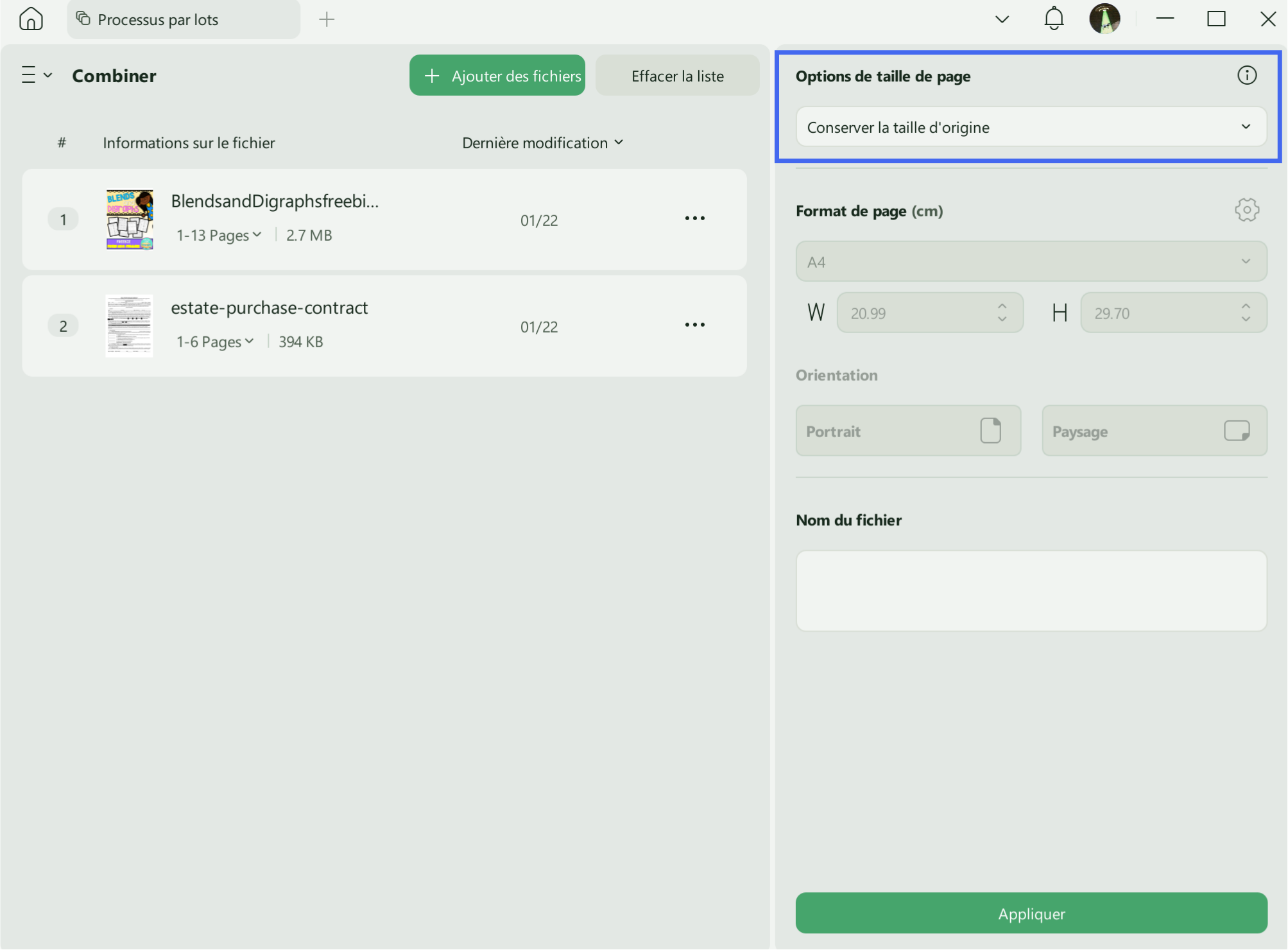 Ajoutez des fichiers et cliquez sur Appliquer.