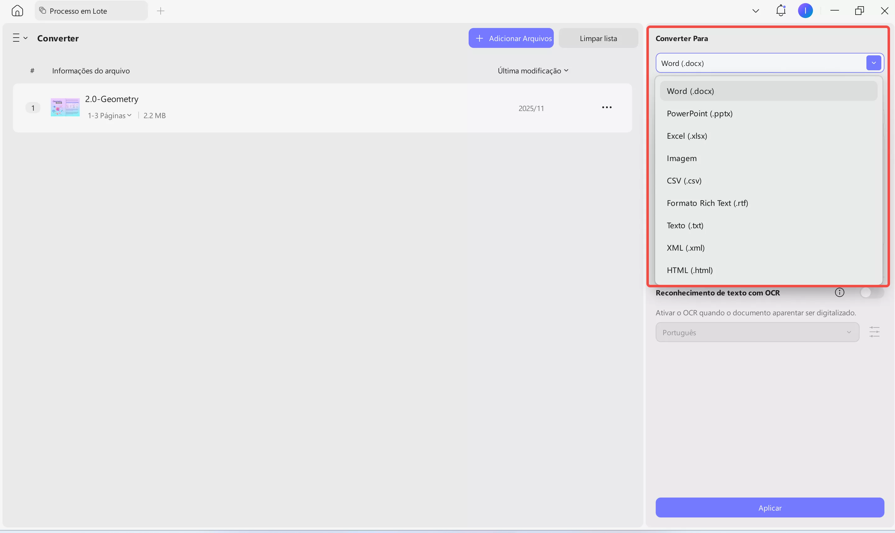 formato de saída em lote de pdf para word