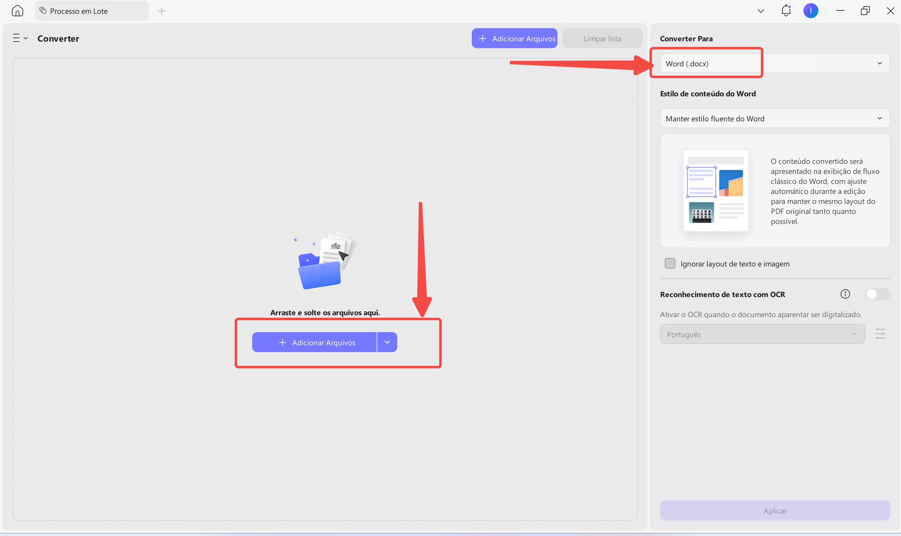 definir o formato de saída e as configurações de layout no updf