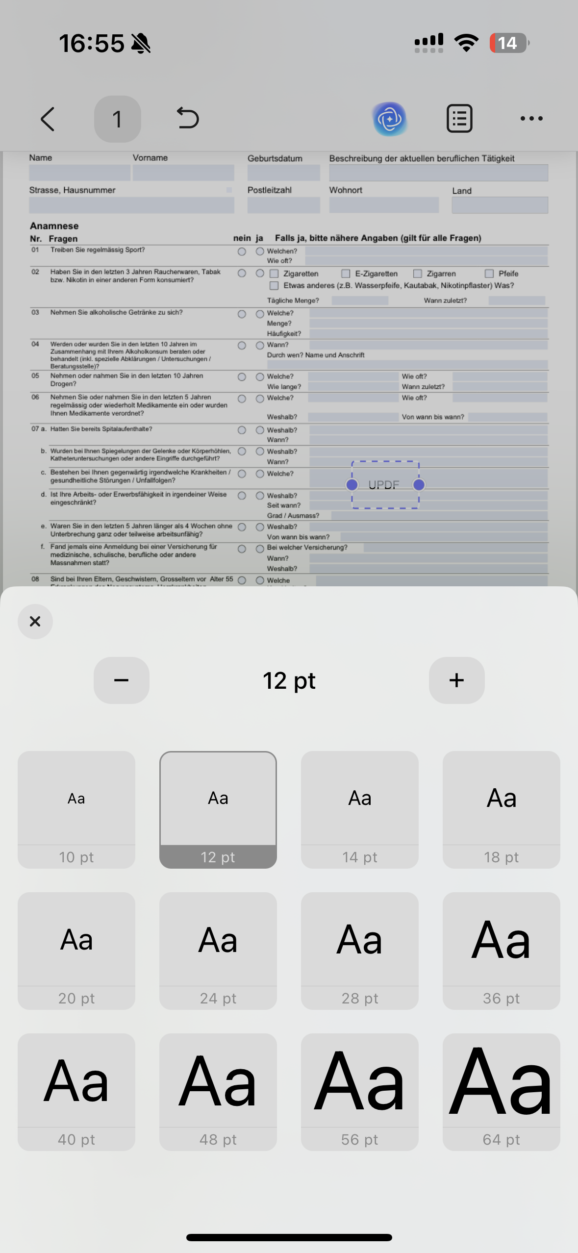die Schriftart und die Zahl für die Schriftgröße