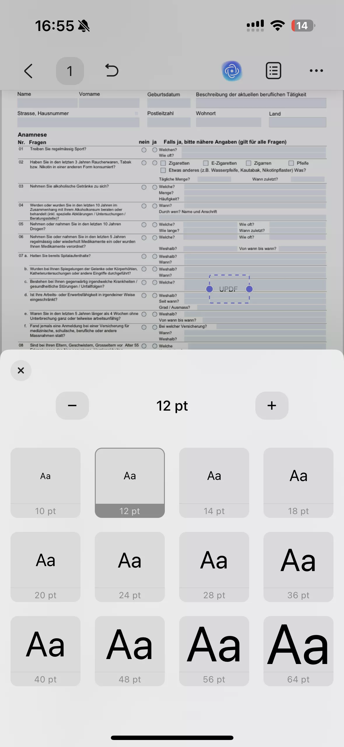die Schriftart und die Zahl für die Schriftgröße