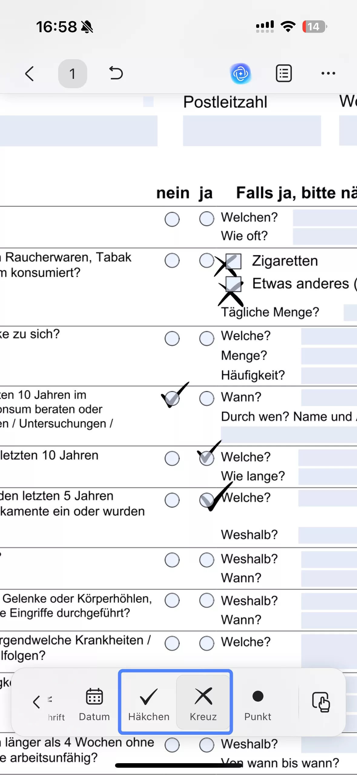 Markieren Sie ein Feld mit einem Häkchen oder Kreuz.