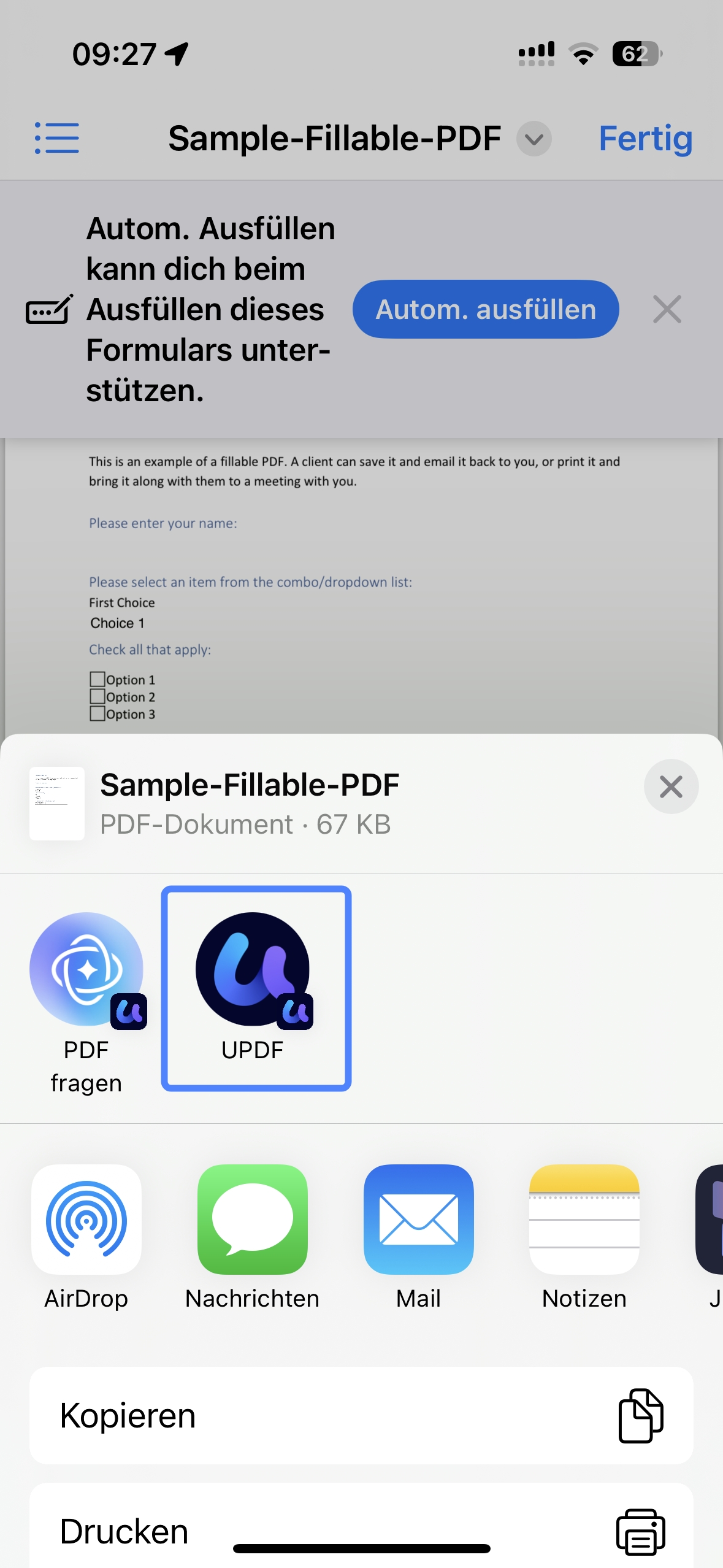 PDF-Formular in updf über das Systemfreigabemenü öffnen