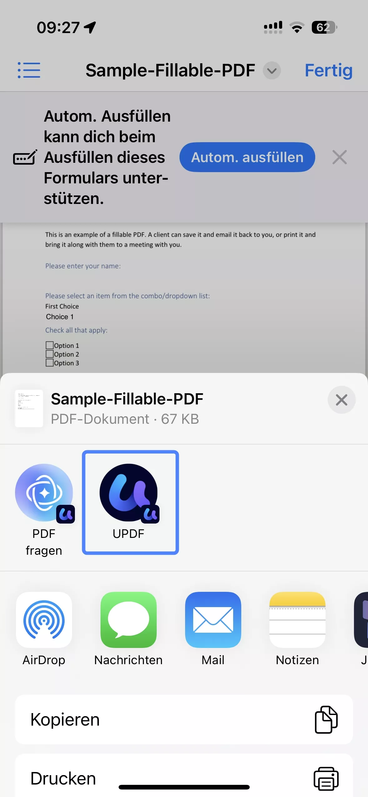 PDF-Formular in updf über das Systemfreigabemenü öffnen