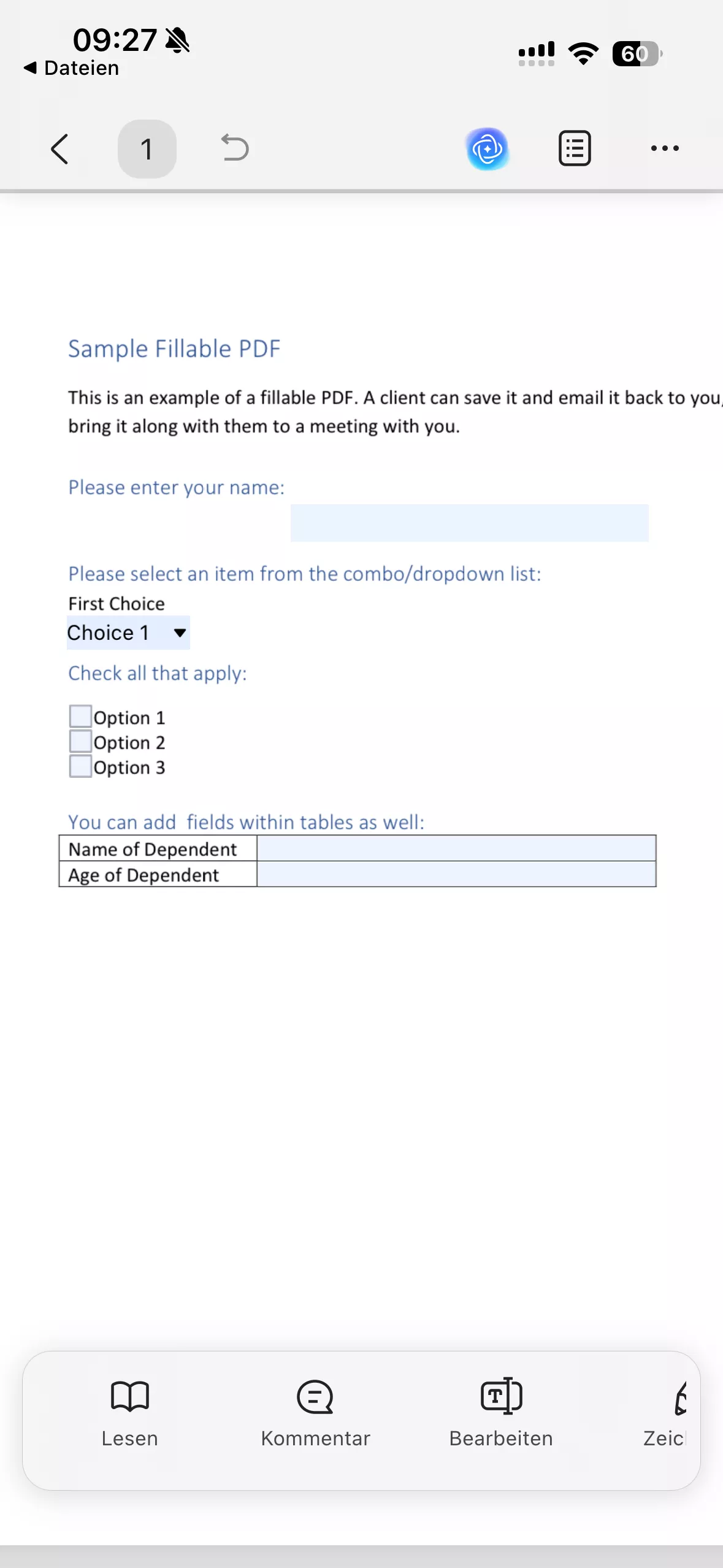 updf ios hebt die vorhandenen Felder für Sie hervor