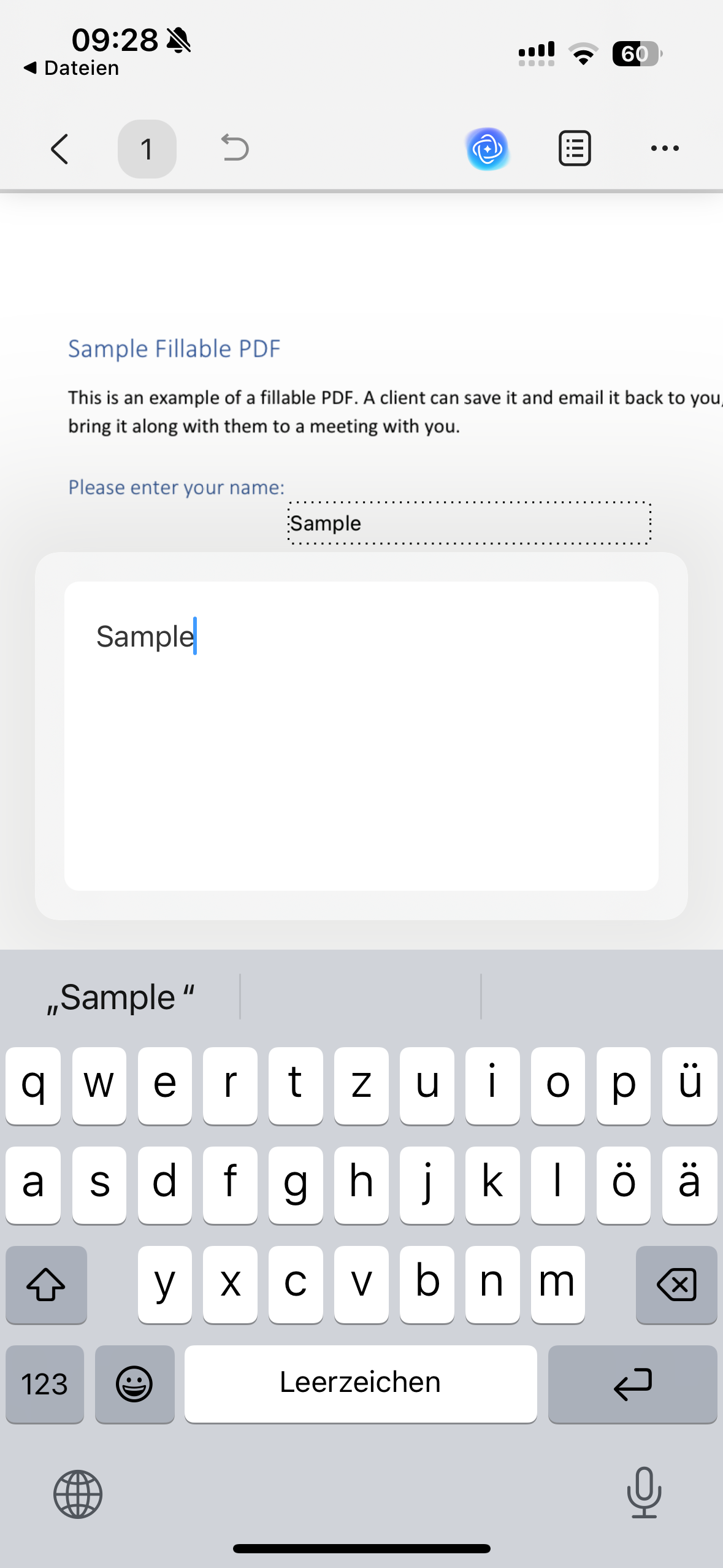 Tippen Sie auf ein Formularfeld, um Informationen einzugeben.