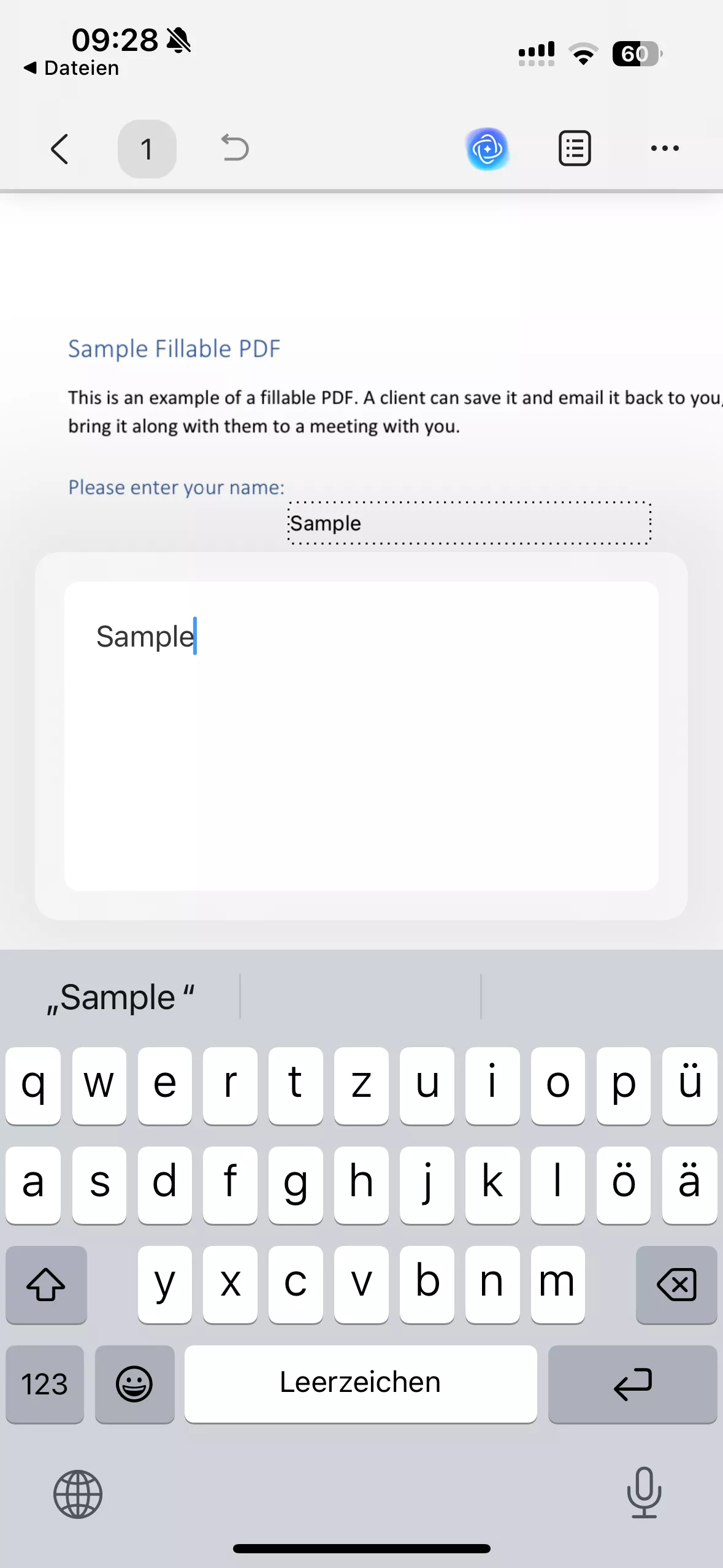 Tippen Sie auf ein Formularfeld, um Informationen einzugeben.