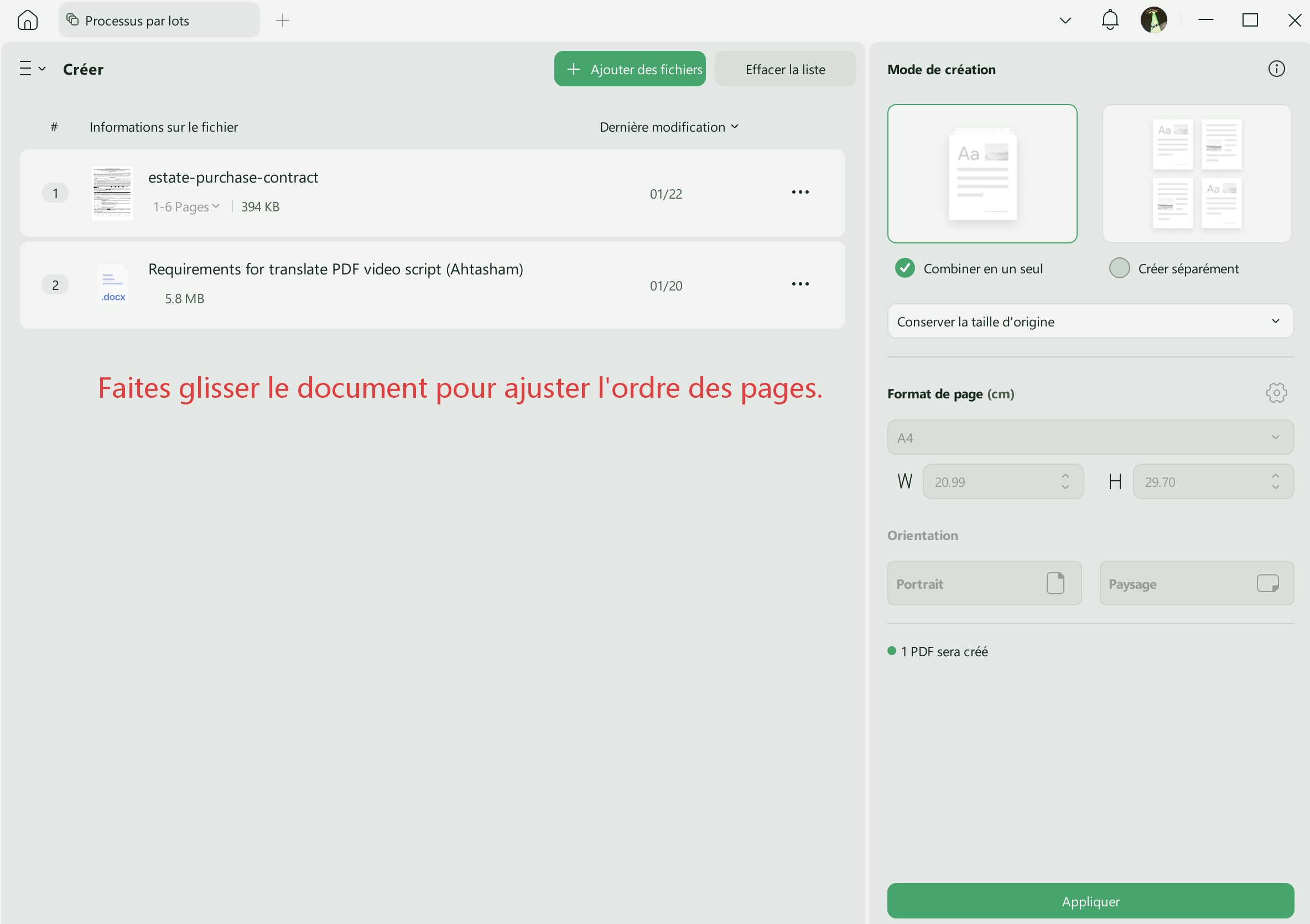 Faites glisser le document pour ajuster l'ordre des pages