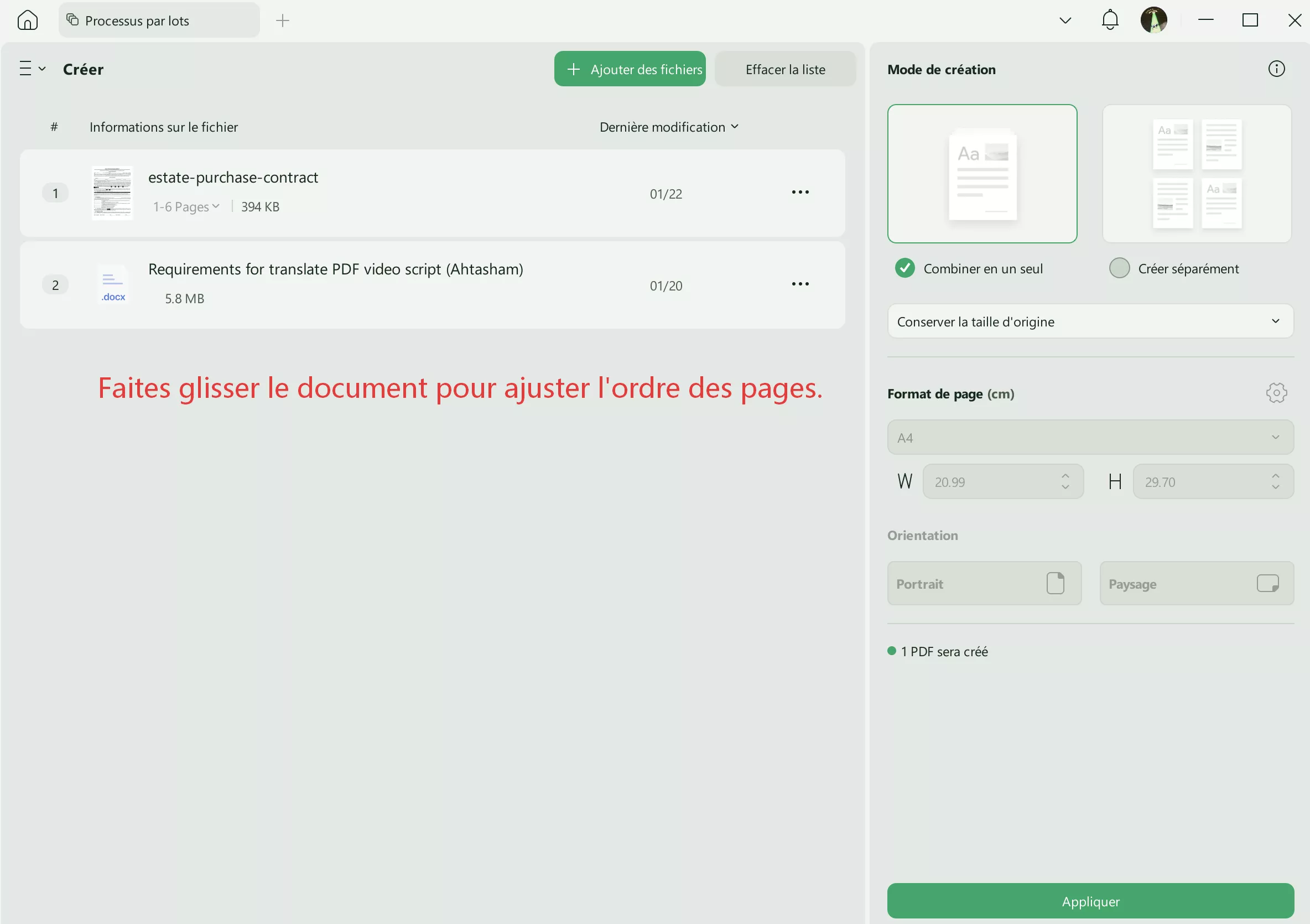 Faites glisser le document pour ajuster l'ordre des pages