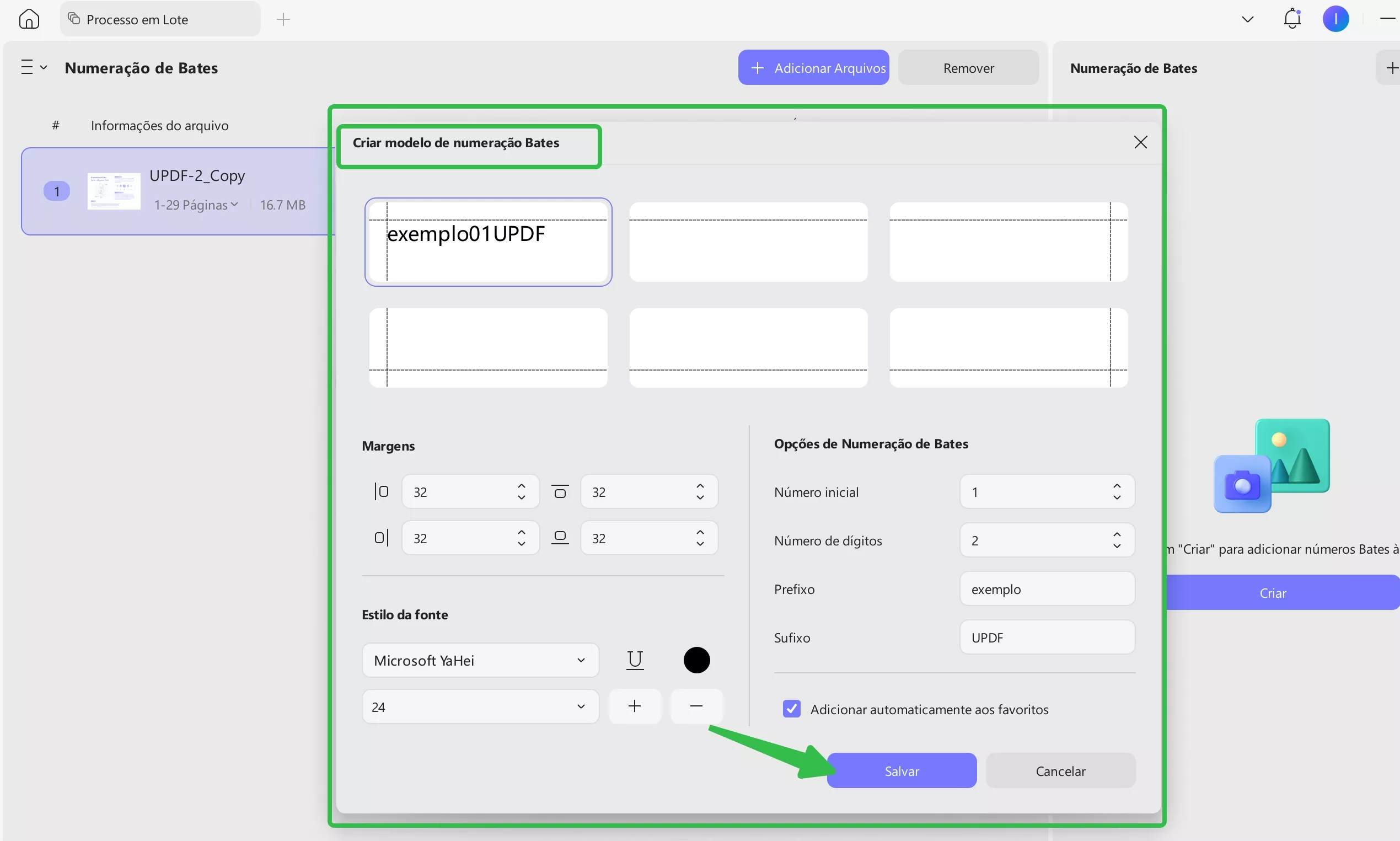 criar modelo de numeração bates