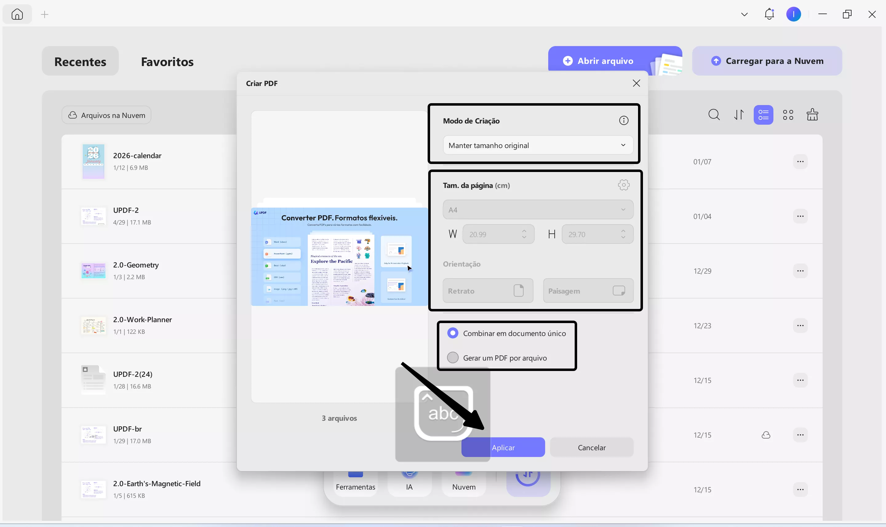 criar pdfs e selecionar modo de criação