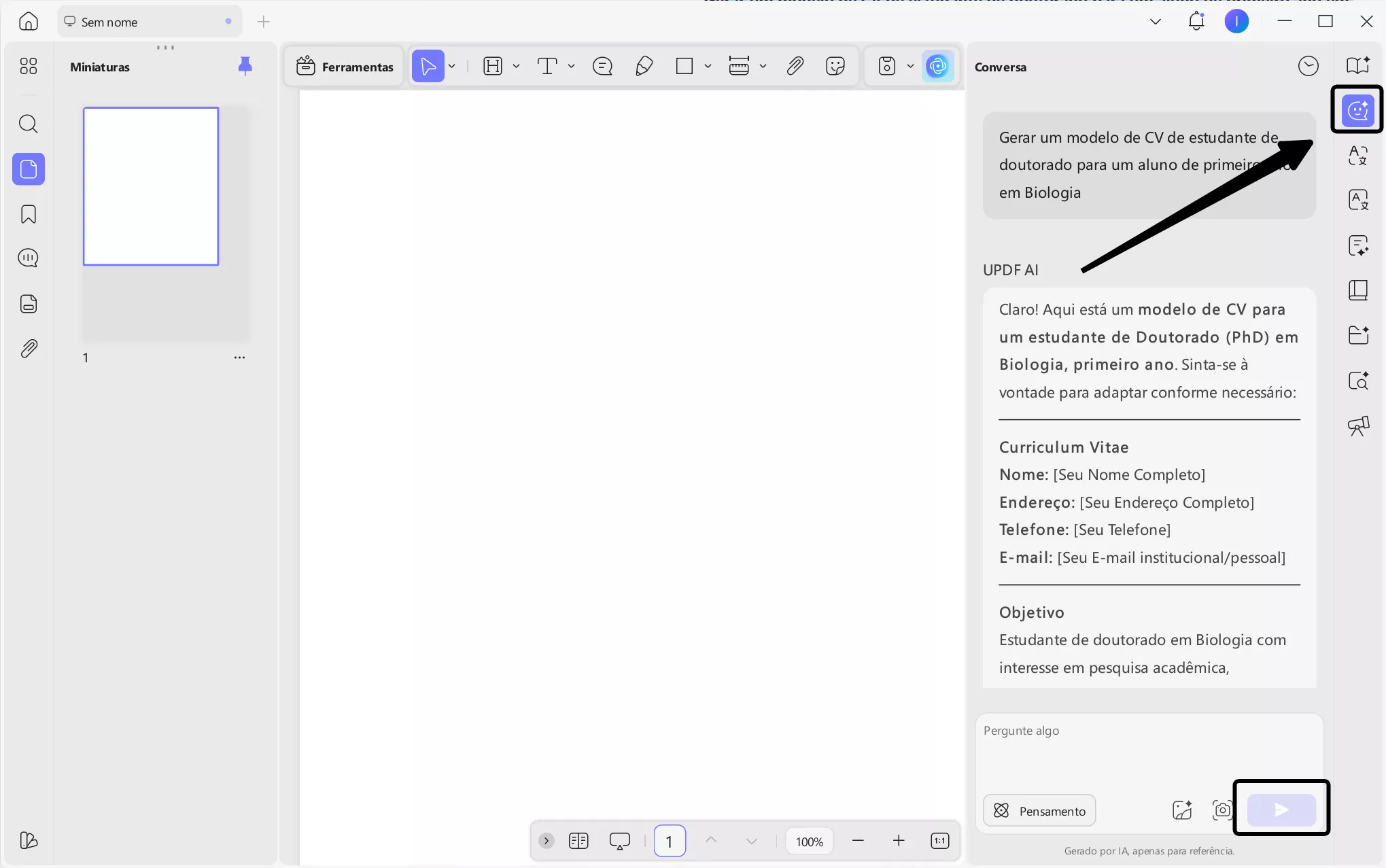 criar um pdf em branco e gerar um exemplo de currículo com o updf ai