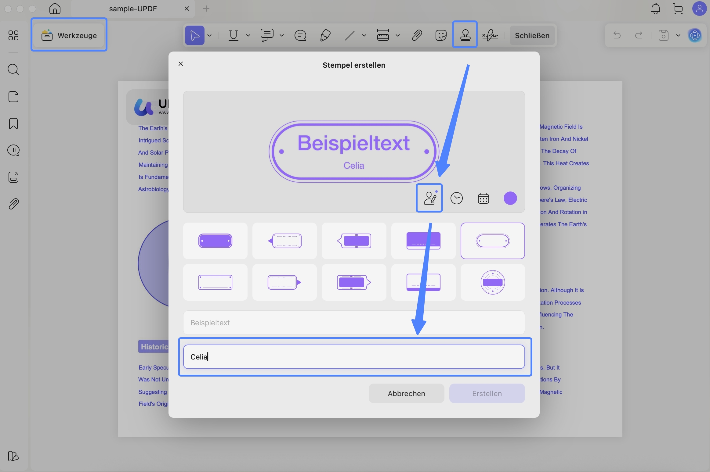 Autorennamen für Stempel hinzufügen