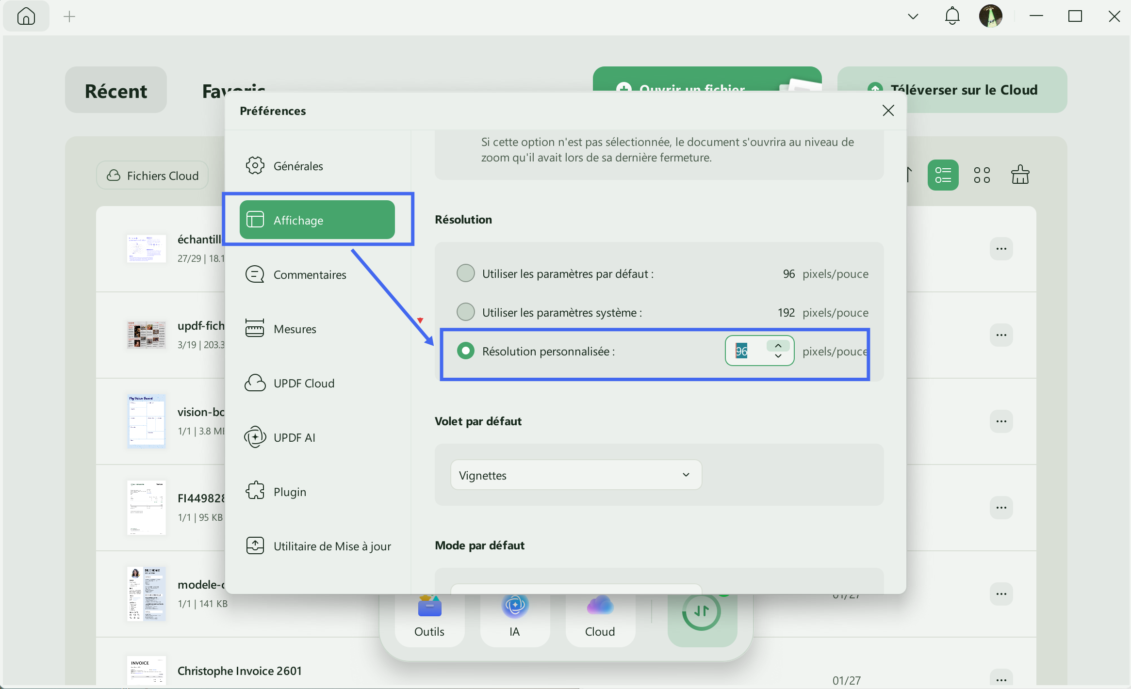 personnaliser la résolution updf win