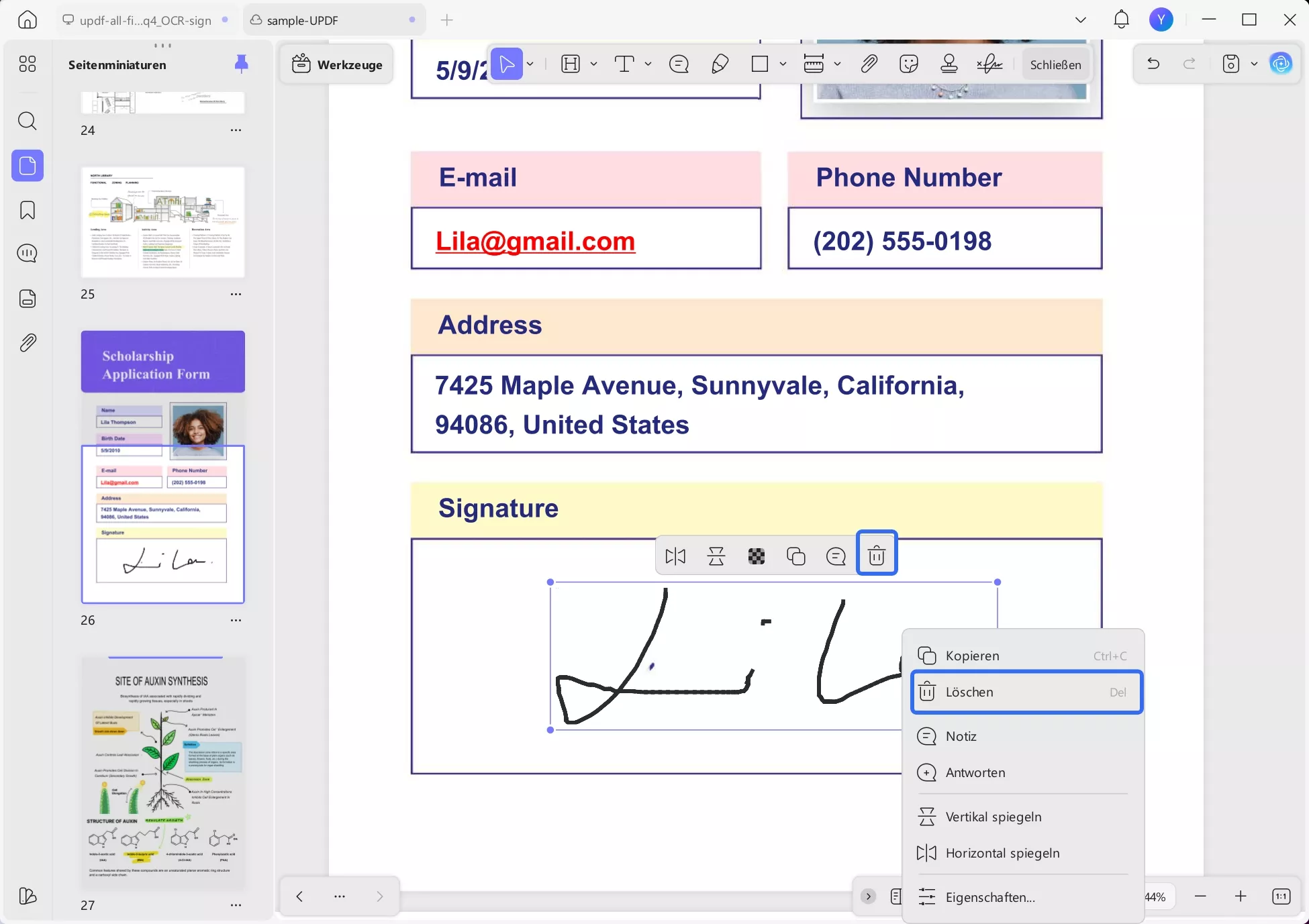 Handschriftliche Unterschrift entfernen