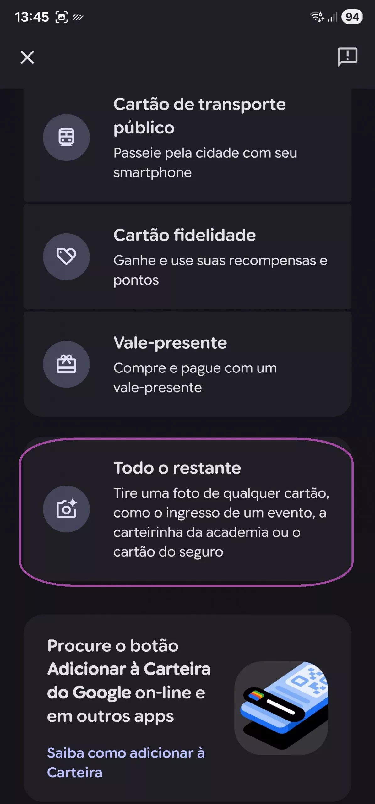 Descreva seu passe no Google Wallet