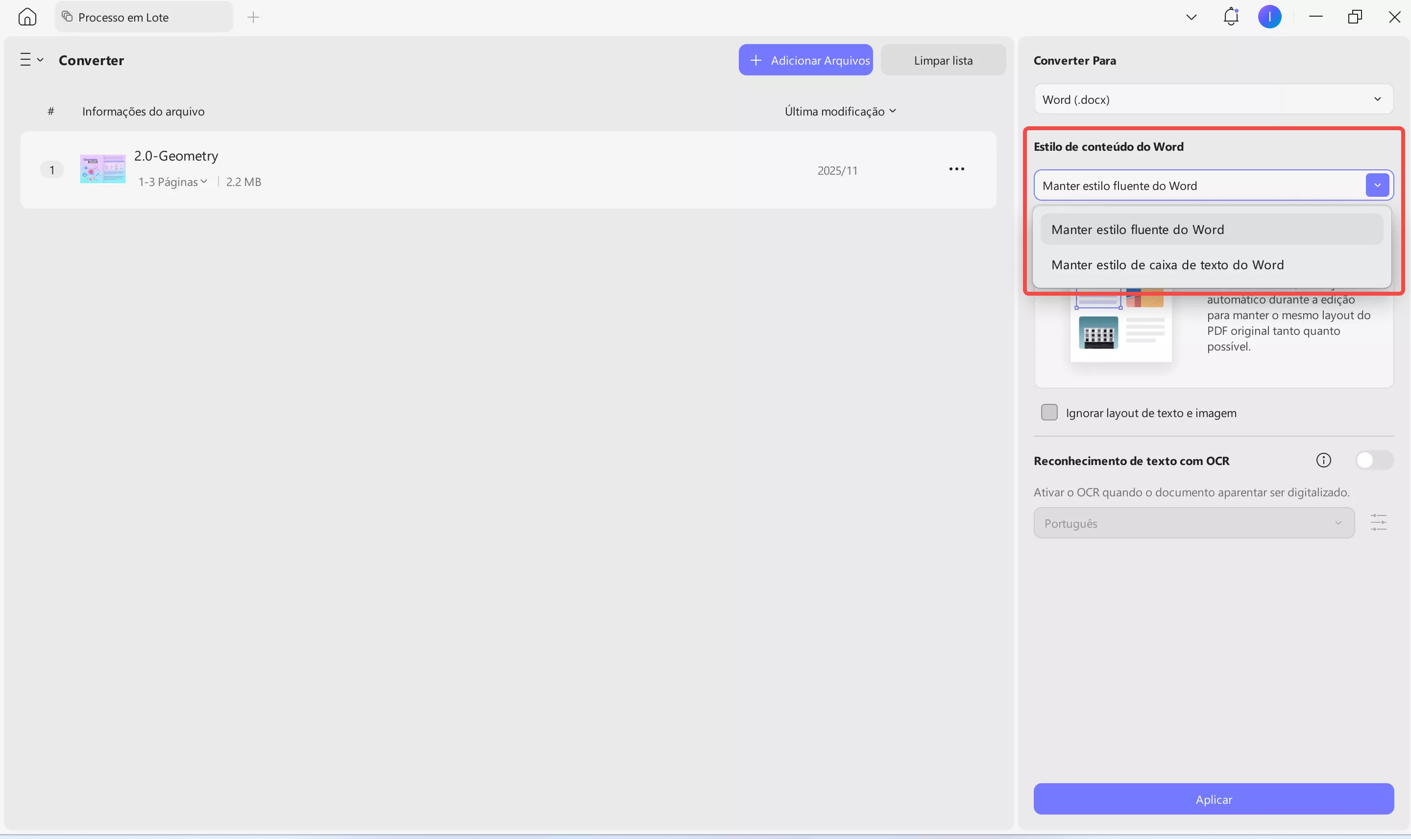 configurações de layout em lote de pdf para word