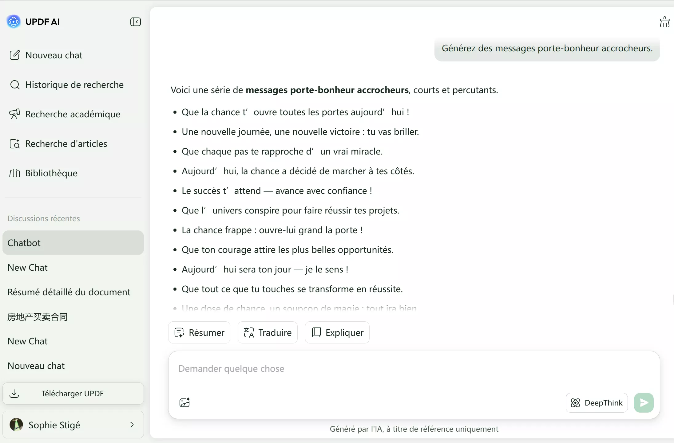 Messages de bonne chance utilisant l'IA UPDF sur le Web