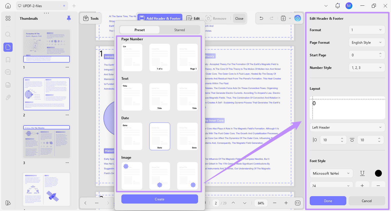 header and footer settings