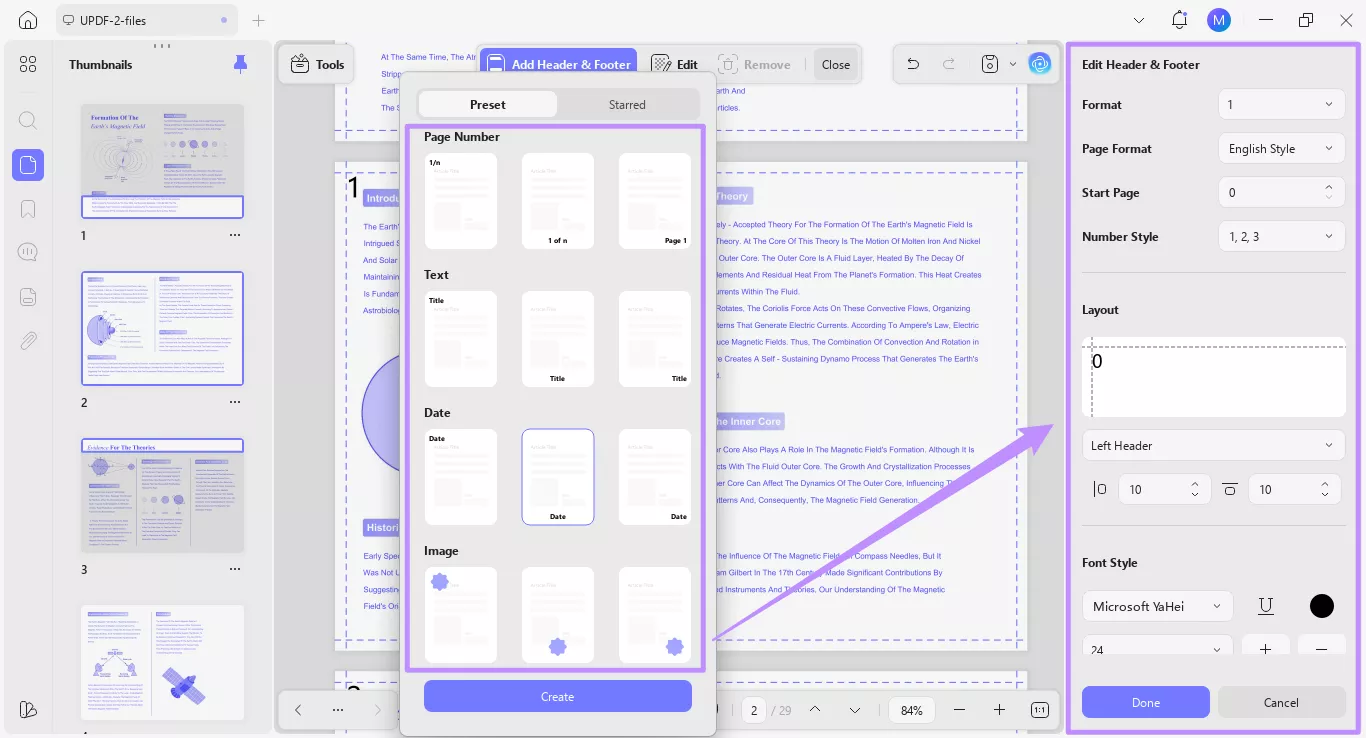 header and footer settings