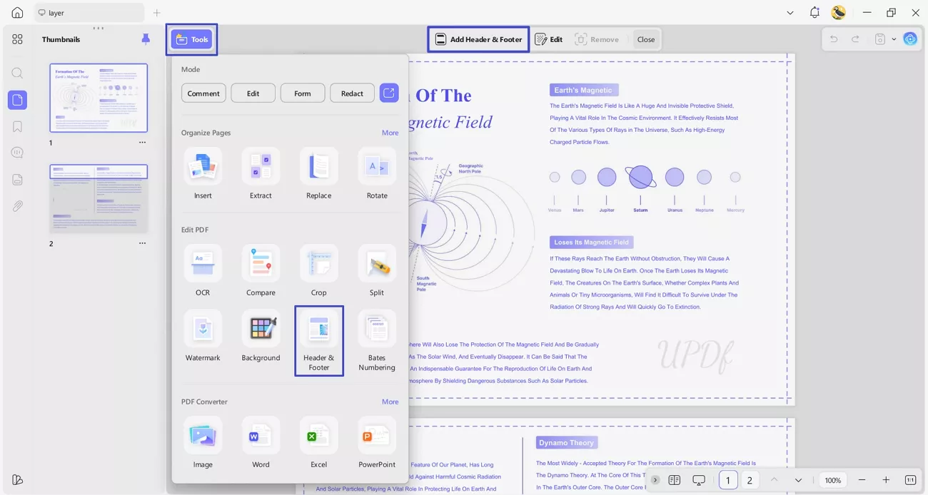 access updf header footer interface