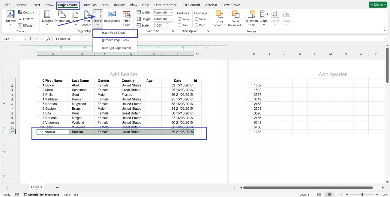 divide excel page breaks