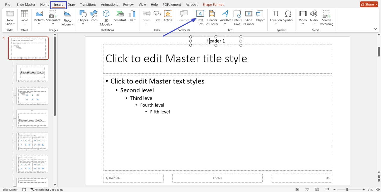 add text box header slide master