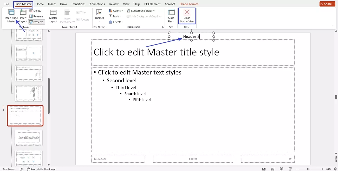 add new slide master copy header