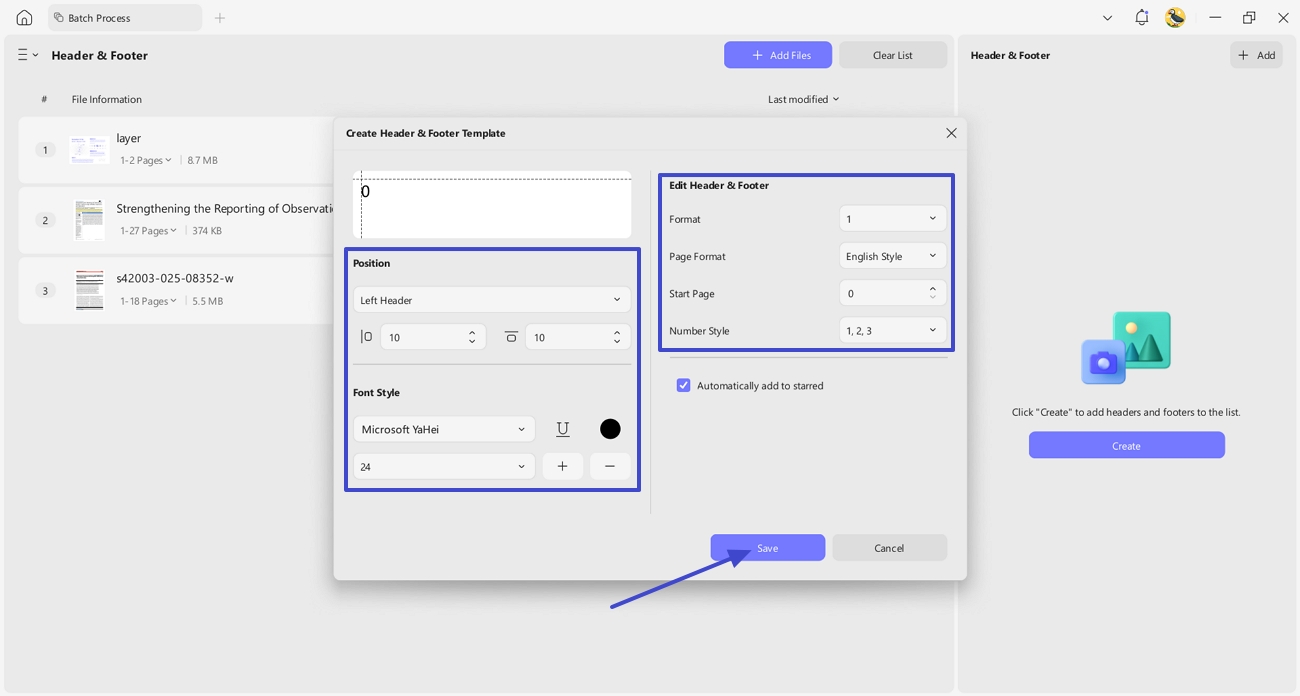 define header footer properties