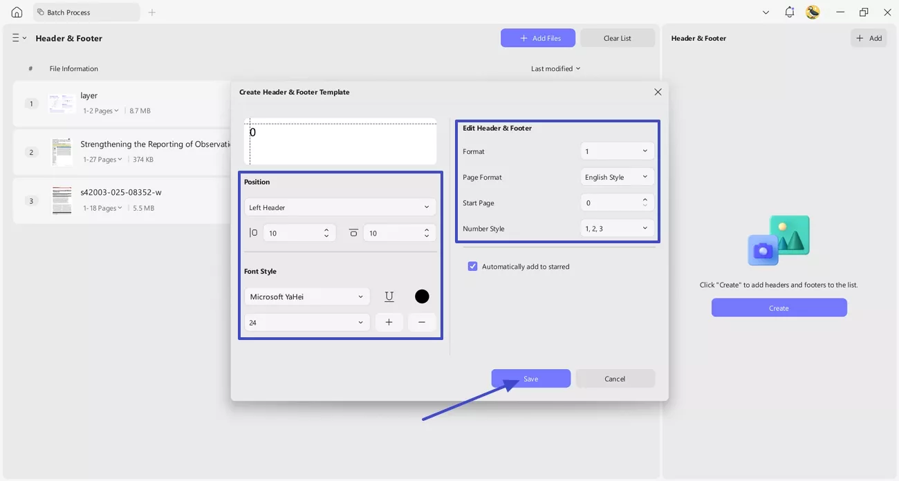 define header footer properties