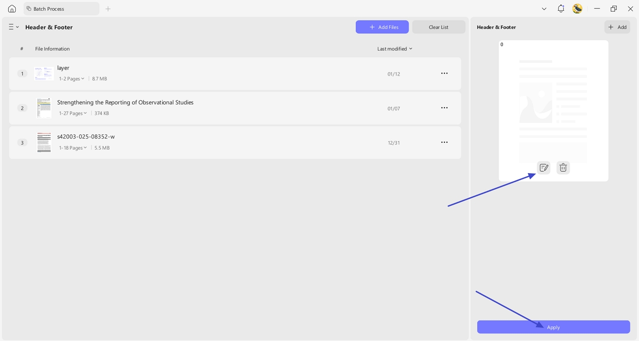 apply headers footers all pdfs batch