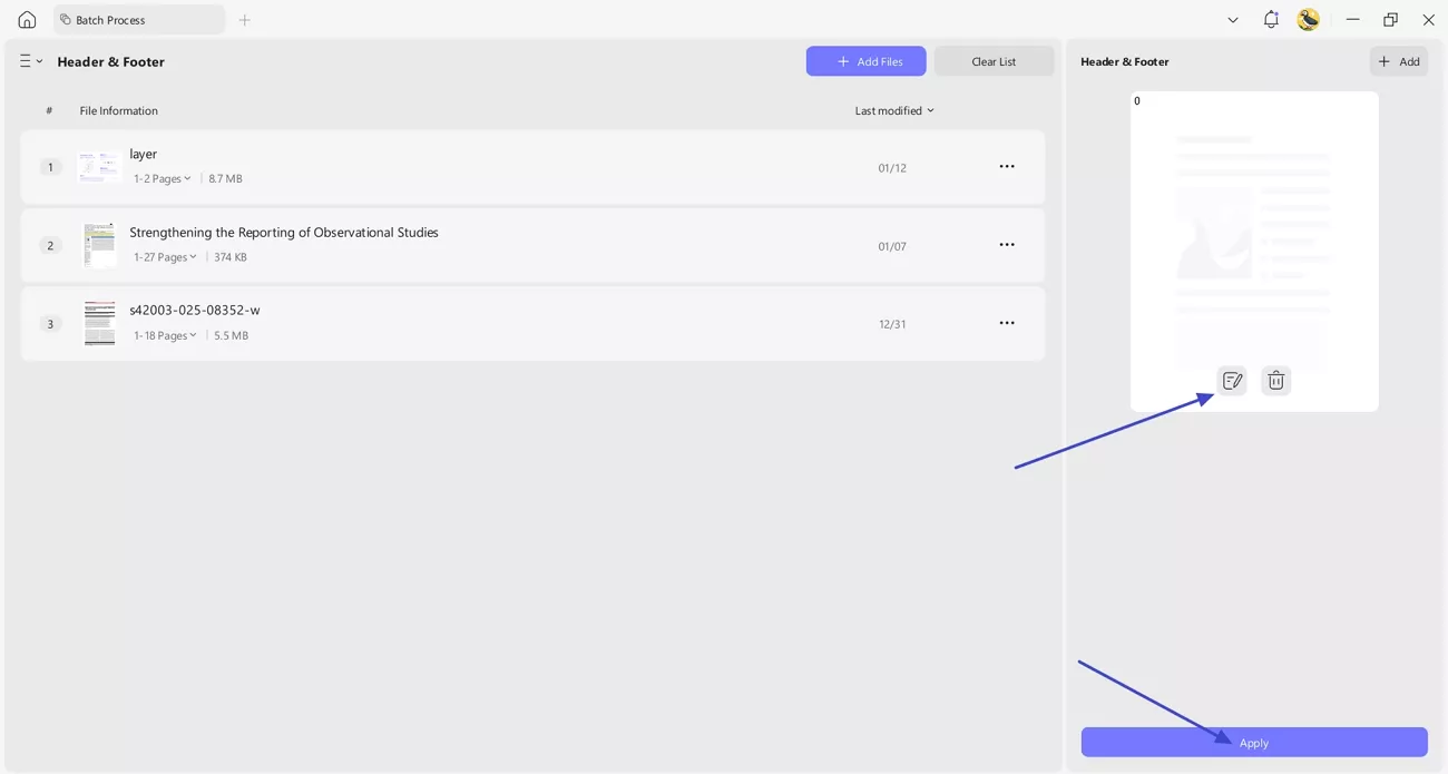 apply headers footers all pdfs batch