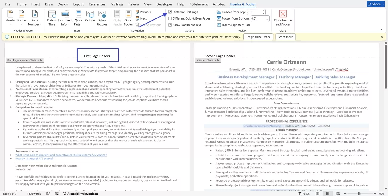 different header first page word