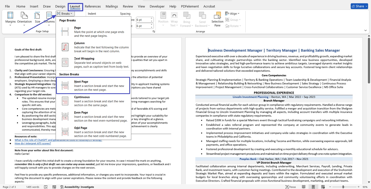 add next page break ms word