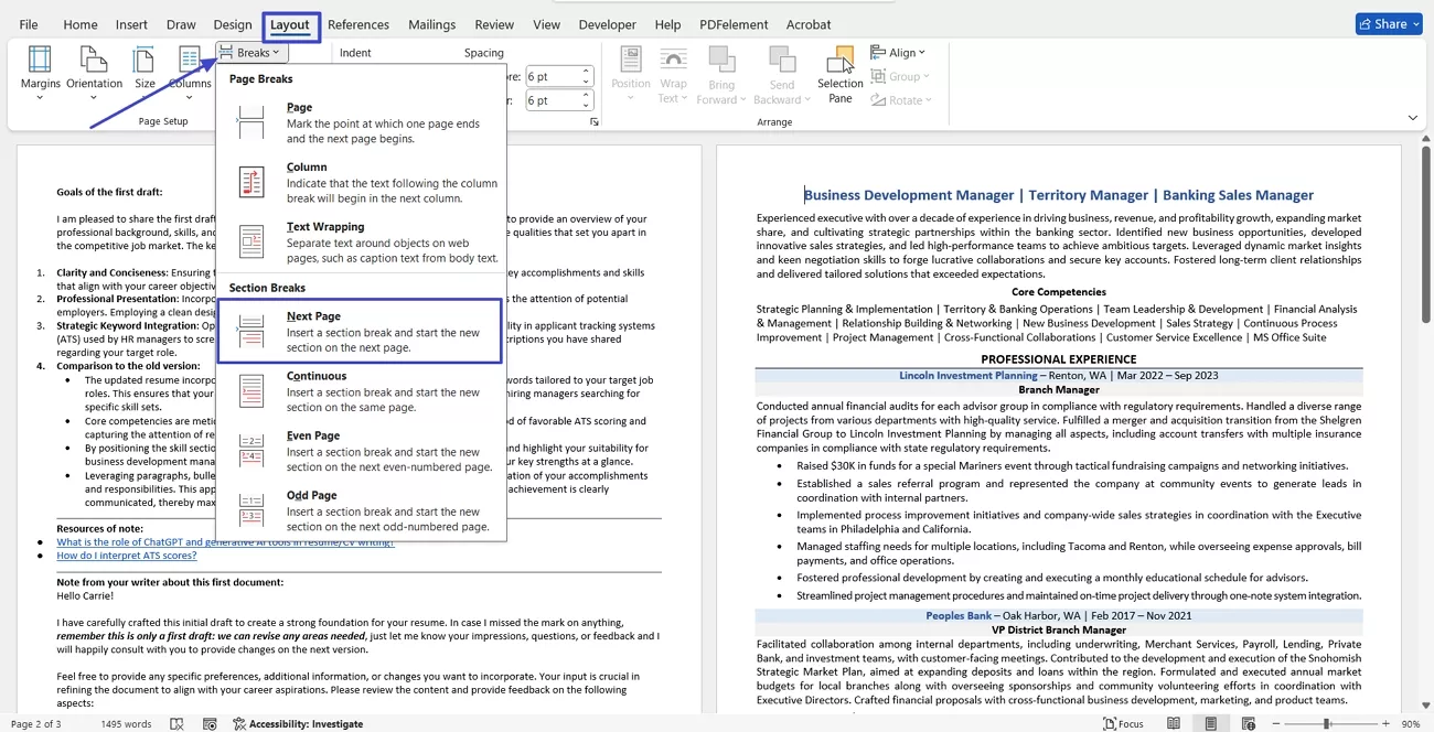 add next page break ms word