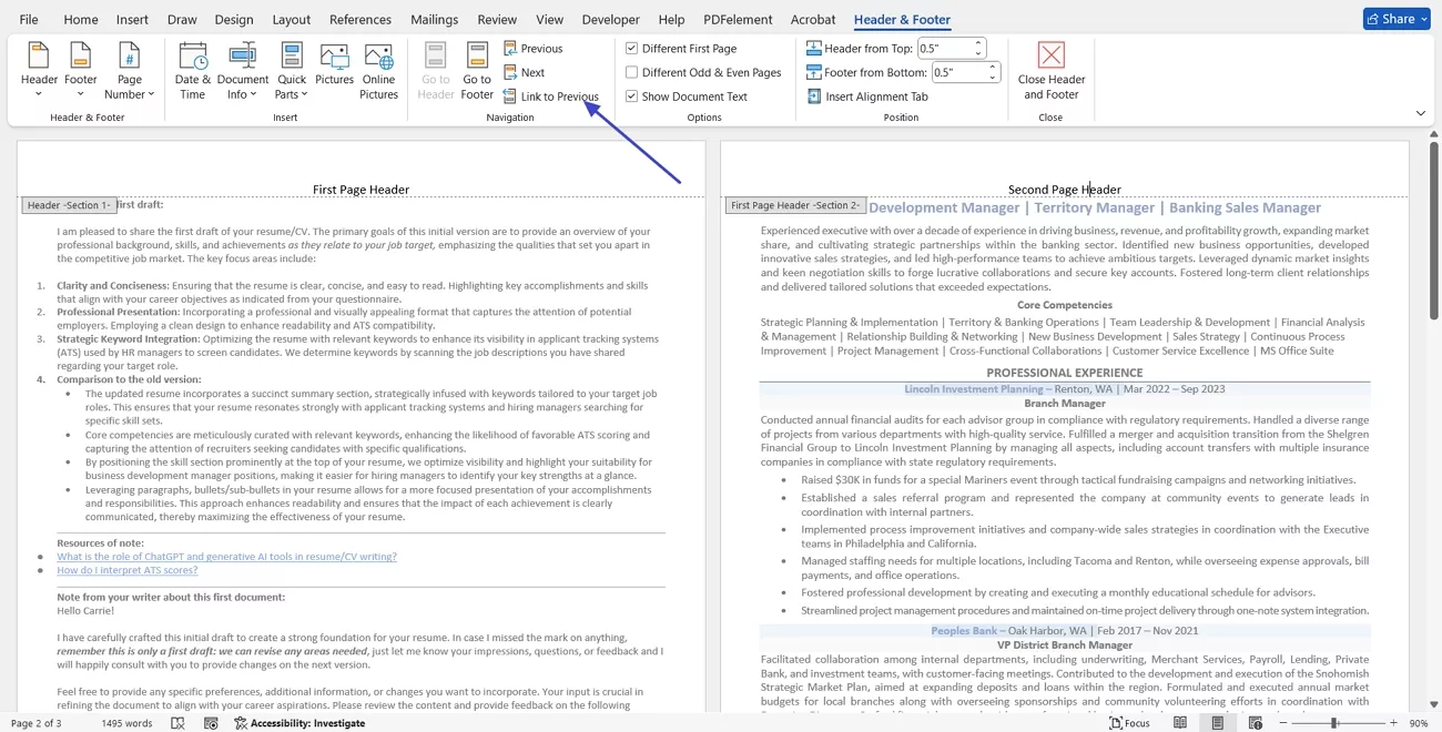 uncheck word link to previous header