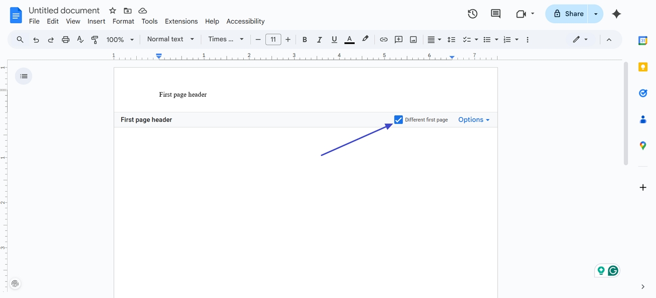 google docs different first page header