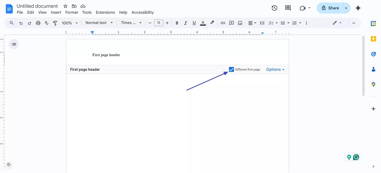 google docs different first page header