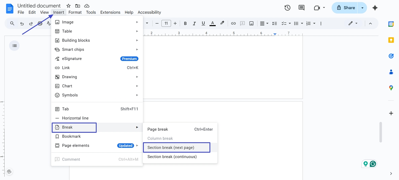 insert next page break docs