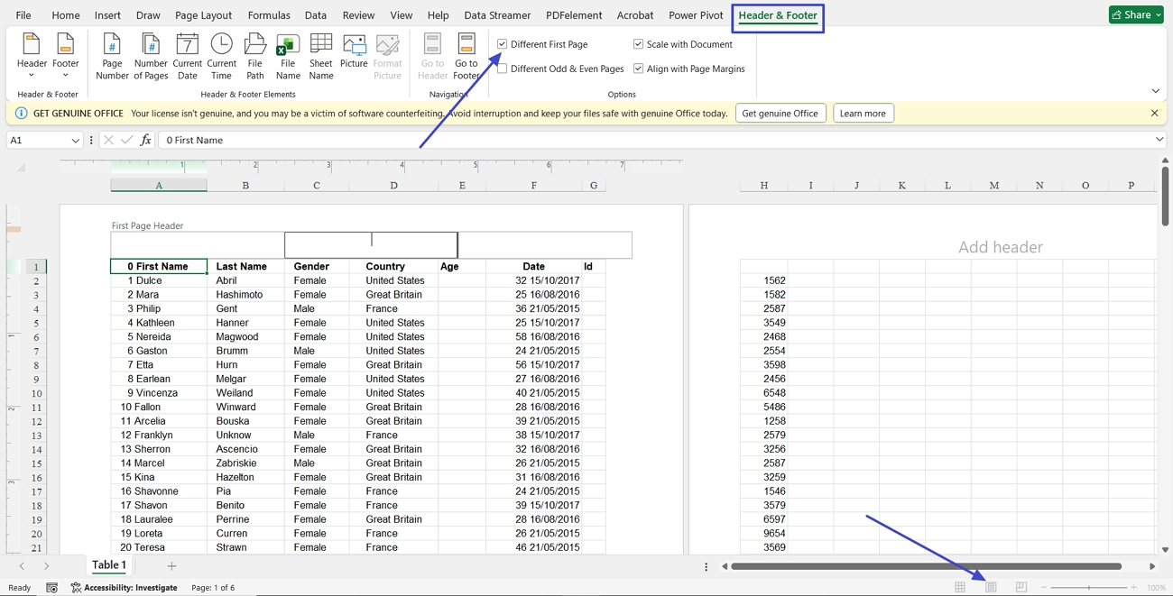 excel choose different first page header