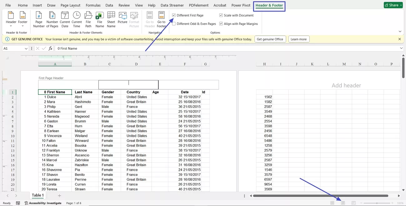 excel choose different first page header