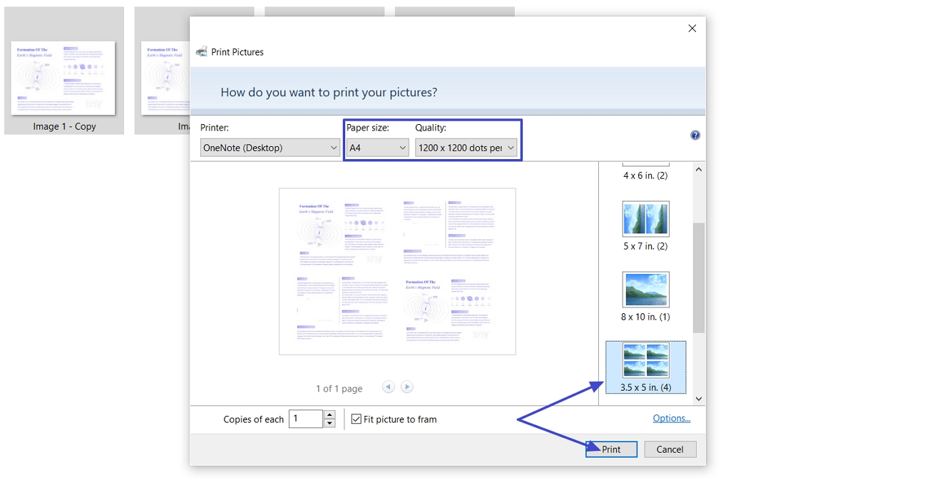 select paper size layout print images