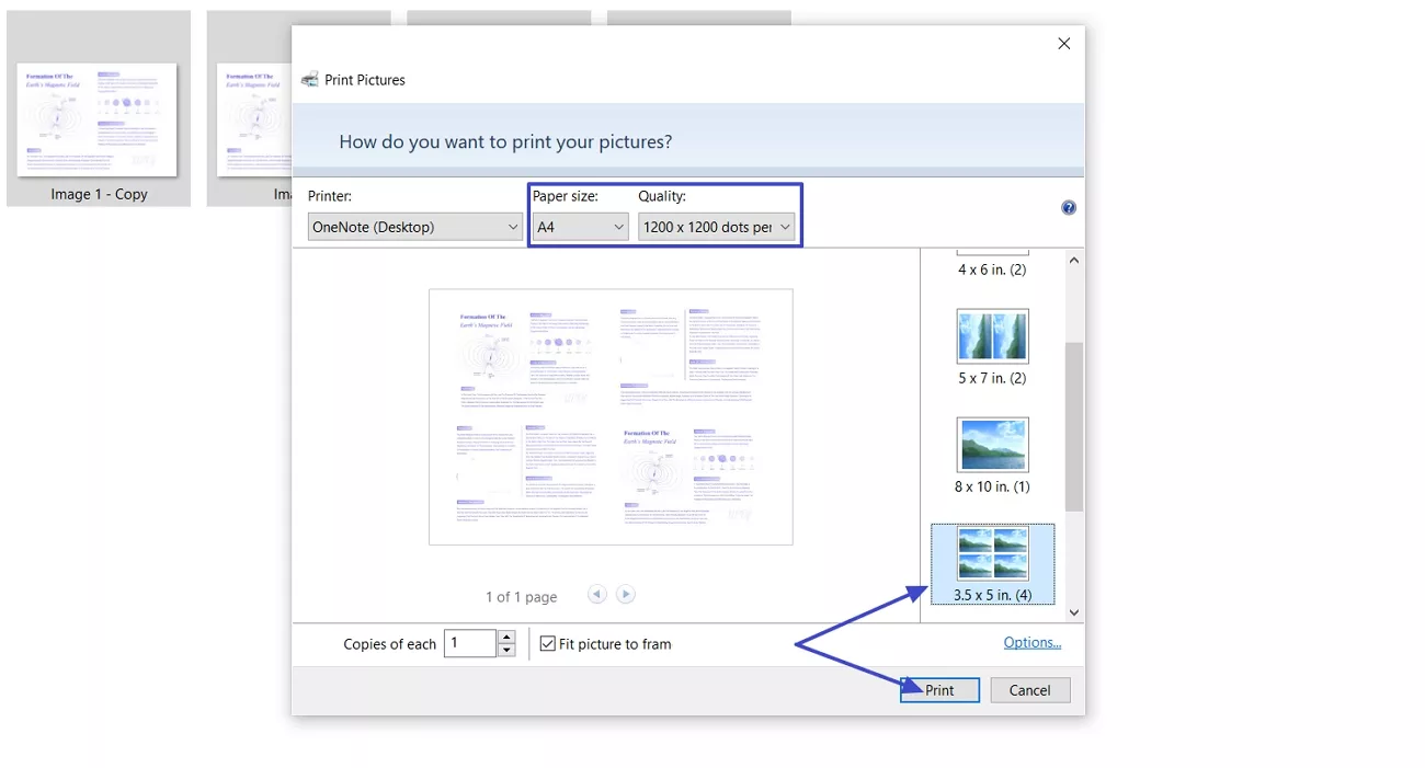 select paper size layout print images