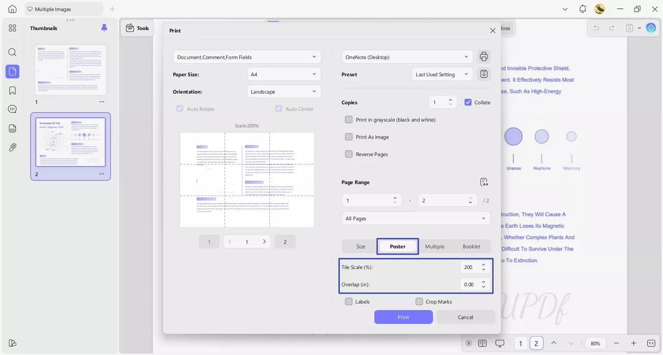 poster printing mode large image updf