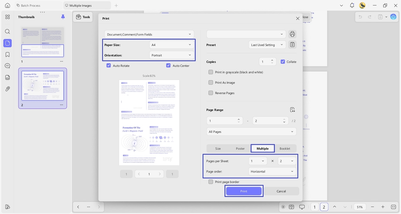 choose multiple printing mode updf