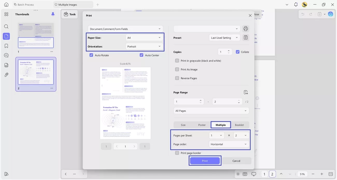 choose multiple printing mode updf